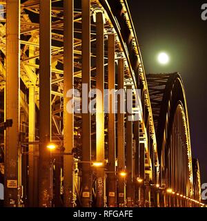 Hohenzollernbrücke bei Vollmond, Köln, Rheinland, Nordrhein-Westfalen, Deutschland Stockfoto