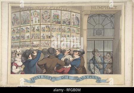 Choni. Soi. Qui. Mal. Y Pense: Die Karikatur Shop von G. Humphrey, 27 St. James's Street, London. Artist: Theodore Lane (Briten, Isleworth Ca. 1800-1828 London). Abmessungen: Platte: 11 13/16 x 16 7/8 in. (30 x 42,8 cm) Blatt: 11 7/8 x 18 9/16 in. (30,2 x 47,2 cm). Herausgeber: Veröffentlicht in London von George Humphrey (British, 1773?-?1831). Datum: August 12, 1821. Eine Masse von Ungestümen Londonern gezeigt Inspektion Satiren kritische von Königin Caroline, die Frau des vor kurzem gekrönten König George IV. Diese werden angezeigt, in der Bow-front Schaufenster von George Humphrey, ein Verleger, der i Stockfoto