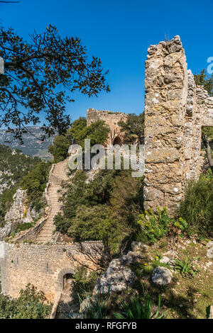 Burgruine Castell d'Alaro im Gebirge der Serra de Tramuntana, Mallorca, Balearen, Spanien | Burgruine Castell d'Alaró, Serra de Tramuntana mounta Stockfoto