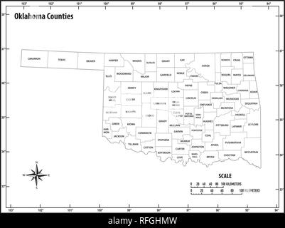 Oklahoma State Umrisse administrative und politische Vektorkarte in Schwarz und Weiß Stock Vektor