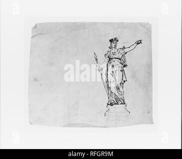 Studie für den Sieg (von SKIZZENBUCH). Artist: John Quincy Adams Ward (Amerikanische, Urbana, Ohio 1830-1910 New York). Abmessungen: 5 5/8 x 6 7/8 in. (14,3 × 17,5 cm). Datum: Ca. 1860. Bezirk, ein Schüler von Henry Kirke Braun, wurde als die 'Dean der amerikanischen Skulptur bekannt." Diese Seite ist von einem Skizzenbuch, die bietet einen intimen Blick auf die Künstler Arbeitsmethoden. Ward's Skizzen gehören mehrere Klassisch beeinflusst Figuren mit Indianern vermischt auf dem Pferd, sowie eine Anzahl von Bison. Museum: Metropolitan Museum of Art, New York, USA. Stockfoto