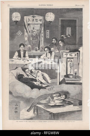 Die Chinesen in New York - Szene in einem Baxter Street Club-House-Gezeichnet von Winslow Homer (Harper's Weekly, Vol. XVIII). Artist: Winslow Homer (Amerikanische, Boston, Massachusetts 1836-1910 Prouts Hals, Maine). Abmessungen: Bild: 10 7/8 x 9 1/8 in. (27,6 x 23,2 cm) Blatt: 15 13/16 x 10 9/16 in. (40,2 x 26,9 cm). Herausgeber: Harper's Weekly (American, 1857-1916). Datum: März 7, 1874. Museum: Metropolitan Museum of Art, New York, USA. Stockfoto