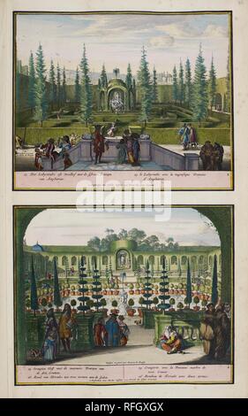 Der Park am Enghien. Eine Sammlung von 86 Pläne und Ansichten von Den Haag. Amsterdam, 1718. Der Park am Enghien (Ca. 1685). Die obere Anzeige zeigt den Besuchern den Weg durch das Labyrinth der Navigation (das war zur gleichen Zeit wie die Überlebenden Labyrinth in Hampton Court angelegt), während die Zuschauer einen Rosinenkuchen genießen. Eine große Statue von Amphitrite, Poseidon's Frau und Göttin der Meere in der Griechischen Mythologie, ist in der Mitte des Labyrinths. Die untere Ansicht unterstreicht den Punkt, Gegenüberstellung einer grünen Nische unter Beifügung einer Statue der griechischen Helden Herkules mit einem Brunnen, der die Drei Grazien. Bild aufgenommen Stockfoto