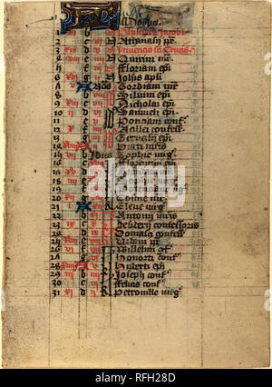 Seite aus einem Buch von Stunden. Abmessungen: insgesamt: 11 x 8 cm (4 5/16 x 3 1/8 in.). Medium: Manuskript Seite mit Text und beleuchteten Initialen. Museum: Nationalgalerie, Washington DC. Autor: unbekannter Künstler. Stockfoto
