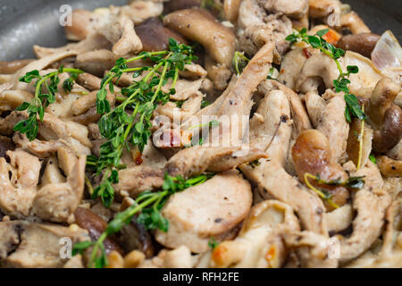 Hausgemachtes Fasanenfilet, das in Streifen geschnitten und unter Rühren mit Knoblauch, Shiitake-Pilzen, Ölöl und frischem Thymian gebraten wurde. Dorset England UK Stockfoto