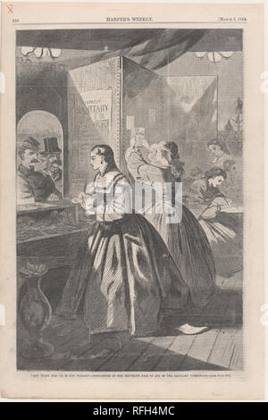 "Jede Sache für mich, wenn Sie Bitte?" post-office der Brooklyn Messe in Hilfe der Sanitär- Kommission (Harper's Weekly, Bd. VIII). Artist: Winslow Homer (Amerikanische, Boston, Massachusetts 1836-1910 Prouts Hals, Maine). Abmessungen: Bild: 13 5/8 x 9 1/8 in. (34,6 x 23,2 cm) Blatt: 15 3/4 x 10 9/16 in. (40 x 26,8 cm). Herausgeber: Harper's Weekly (American, 1857-1916). Datum: März 5, 1864. Museum: Metropolitan Museum of Art, New York, USA. Autor: Winslow Homer. Nach Winslow Homer. Stockfoto