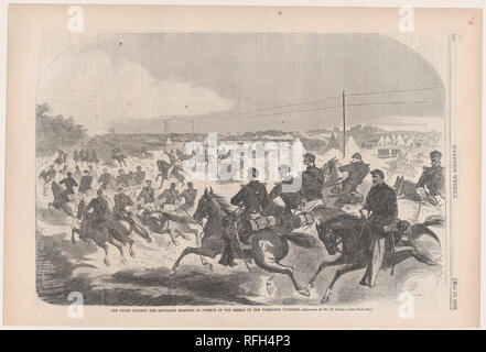 Die Union Kavallerie und Artillerie beginnend in der Verfolgung der Rebellen, der Yorktown Turnpike - Gezeichnet von Herrn W. Homer (Harper's Weekly, Bd. VI). Artist: Winslow Homer (Amerikanische, Boston, Massachusetts 1836-1910 Prouts Hals, Maine). Abmessungen: Bild: 9 1/4 x 13 3/4 in. (23,5 x 34,9 cm) Blatt: 10 13/16 x 16 1/8 in. (27,5 x 40,9 cm). Herausgeber: Harper's Weekly (American, 1857-1916). Datum: 17.Mai 1862. Museum: Metropolitan Museum of Art, New York, USA. Autor: Winslow Homer. Nach Winslow Homer. Stockfoto