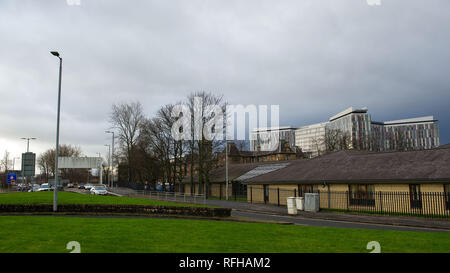 Glasgow, Schottland, Großbritannien. 25. Januar 2019. Verschiedene Szenen mit verschiedenen Ansichten um von der Queen Elizabeth University Hospital. Es wurden 2 Patienten Todesfälle berichtete vor kurzem, die es geglaubt wird, sind Infektionen durch Taubenkot vertraglich verbunden. Credit: Colin Fisher/Alamy leben Nachrichten Stockfoto