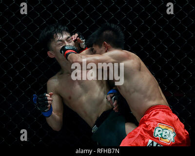 Pasay City, Philippinen. 25 Jan, 2019. Danny Kingad der Philippinen (R) konkurriert gegen Tatsumitsu Wada von Japan während ihrer Fliegengewicht Match in der Meisterschaft in Pasay City, Philippinen, Jan. 25, 2019. Kingad gewann über einstimmige Entscheidung. Credit: rouelle Umali/Xinhua/Alamy leben Nachrichten Stockfoto