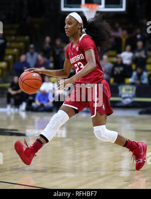 Boulder, CO, USA. 25 Jan, 2019. Stanford Kardinal guard Kiana Williams (23) sieht ein Spiel gegen Colorado in der ersten Hälfte in der Coors Fall-Mitte in Boulder, CO. Derek Regensburger/CSM/Alamy Leben Nachrichten zu machen Stockfoto