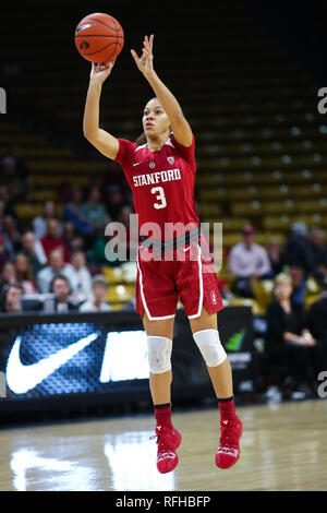 Boulder, CO, USA. 25 Jan, 2019. Stanford Kardinal guard Anna Wilson (3) startet ein drei gegen Colorado in der ersten Hälfte in der Coors Fall-Mitte in Boulder, CO. Derek Regensburger/CSM/Alamy leben Nachrichten Stockfoto