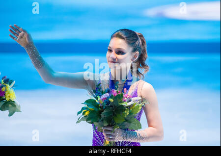 Minsk, Weißrussland. 25. Januar 2019. Minsk Arena. Europameisterschaften. Minsk, Weißrussland. 25. Januar 2019. Minsk Arena. Europameisterschaften. Sofia Samodurova Europameister im Eiskunstlauf. Credit: Swetlana Lazarenka/Alamy leben Nachrichten Stockfoto