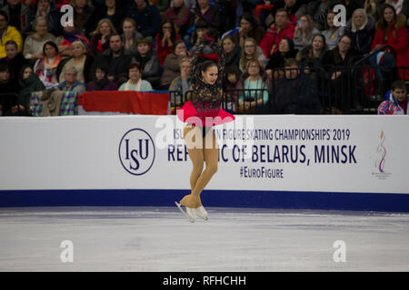 Minsk, Weißrussland. 25. Januar 2019. Minsk Arena. Europameisterschaften. Alina Zagitova Silbermedaillengewinner der Eiskunstlauf-WM rollt ein beliebiges Programm Credit: Swetlana Lazarenka/Alamy leben Nachrichten Stockfoto