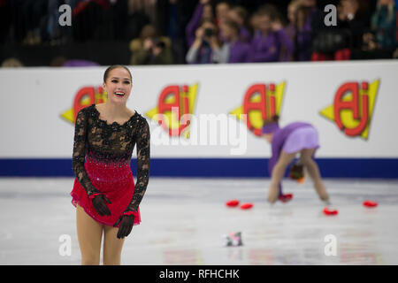 Minsk, Weißrussland. 25. Januar 2019. Minsk Arena. Europameisterschaften. Alina Zagitova Silbermedaillengewinner der Eiskunstlauf-WM rollt ein beliebiges Programm Credit: Swetlana Lazarenka/Alamy leben Nachrichten Stockfoto