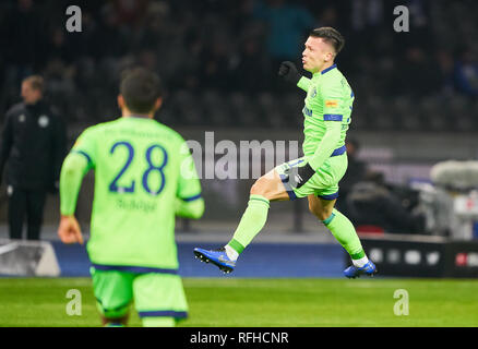 Berlin, Germant. 25. Januar 2019. Yevhen KONOPLYANKA, S 04 11 feiert sein Ziel für 1-2, Freude, Lachen, Hertha BSC Berlin - FC Schalke 04 2-2 - DFL-Bestimmungen verbieten die Verwendung von Fotografien als BILDSEQUENZEN und/oder quasi-VIDEO - 1. Deutschen Fußball-Bundesliga in Berlin, Deutschland, 25. Januar 2019 Saison 2018/2019, Spieltag 19, © Peter Schatz/Alamy leben Nachrichten Stockfoto