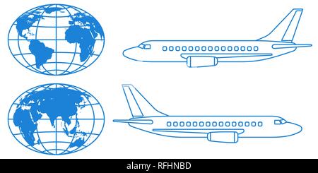 Abbildung der Kontur, Flugzeuge und Globen. Elemente dieses Bild von der NASA eingerichtet. Quelle der Karte: http://visibleearth.nasa.gov/view.php?id Stock Vektor