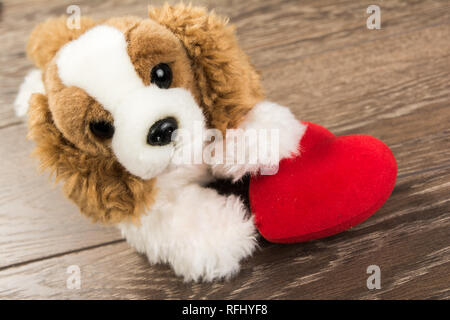 Eine nette Liebhaber valentine puppy dog mit roten Herzen Stockfoto