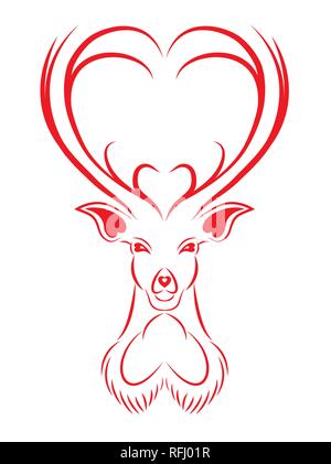 Deer Red head mit Hörnern in Form von Herzen Vector Illustration Stock Vektor