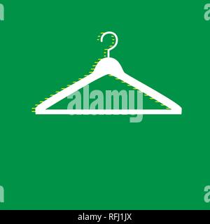 Kleiderbügel zeichen Abbildung. Vektor. Weißen flachen Symbol mit gelb gestreiften Schatten auf grünem Hintergrund. Stock Vektor