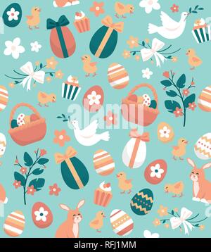 Nahtlose Ostern Muster mit Eier, Kaninchen, Blumen und Küken: Urlaub und Feier Stock Vektor
