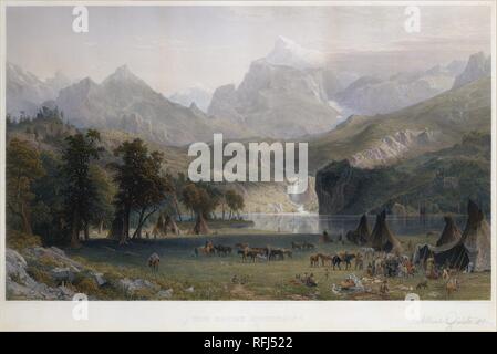 Die felsigen Berge, Lander Peak. Künstler: Albert Bierstadt (Amerikanische, Solingen 1830-1902 New York); James Smillie (Amerikanische, Edinburgh 1807-1885 Poughkeepsie, New York). Abmessungen: 30 x 40 in. (76,2 x 101,6 cm) Blatt: 19 9/16 x 29 3/4 in. (49,7 x 75,6 cm) Bild: 16 3/4 x 27 1/2 in. (42,5 x 69,9 cm) Gerahmt: 34 x 44 in. (86,4 × 111,8 cm). Datum: 1866. Museum: Metropolitan Museum of Art, New York, USA. Stockfoto