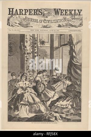 Der Krieg - havelocks Für die Freiwilligen (Harper's Weekly, Bd. V). Artist: Winslow Homer (Amerikanische, Boston, Massachusetts 1836-1910 Prouts Hals, Maine). Abmessungen: Bild: 10 7/8 x 9 1/4 in. (27,6 x 23,5 cm) Blatt: 15 13/16 x 10 11/16 in. (40,2 x 27,2 cm). Herausgeber: Harper's Weekly (American, 1857-1916). Datum: 29. Juni 1861. Homer, der diese Seite drucken im Juni 1861 während der Eröffnung Wochen des Bürgerkriegs. Es zeigt junge Frauen versammelten sich drinnen an einem Sommernachmittag Uniformen für Union Soldaten zu nähen. Sie machen havelocks, Tuch Abdeckungen für militärische Kappen Mit langem Klappen auf der Rückseite, p Stockfoto