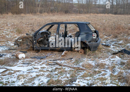 Wrack eines zerstörten Auto auf einer Wiese. Zerlegt auto Skelett. Jahreszeit Winter. Stockfoto