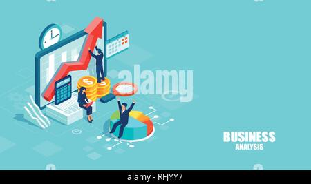 Business Analyse und mit Hilfe moderner Technologie Konzept Marketing. Isometrische Vektor der Geschäftsleute arbeiten als Team die Entwicklung einer erfolgreichen Strategie Stock Vektor