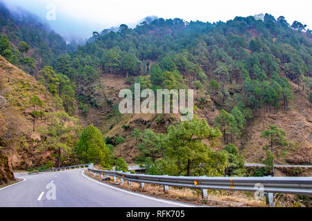 Landschaftlich reizvolle Straße durch das Tal von banikhet Dalhousie Himachal Pradesh mit Berg- und Bäumen bewachsen. Bergauf Scenic Road Travel Concept Stockfoto