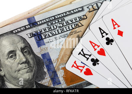 Full house Poker Hand auf US-Dollarnoten. Stockfoto