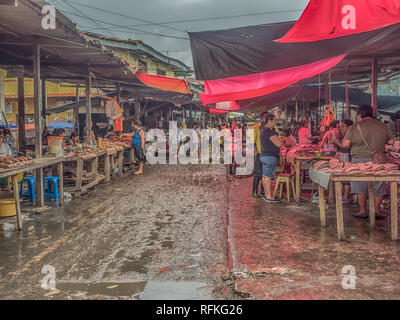 Iquitos, Peru - 06 Dezember, 2018: Markt mit verschiedenen Arten von Fleisch, Fisch und Obst. Belen Markt. Lateinamerika. Belén Mercado. Stockfoto