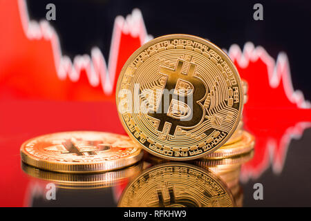 Bitcoin mit einer roten Karte. Preis Crash und Bear Market Trend Konzept. Stockfoto