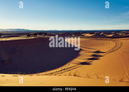 Kamelkarawane und Schatten in der Wüste Erg Chebbi, in der Nähe der Stadt Merzouga, Wüste Sahara, Marokko Stockfoto