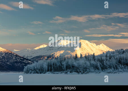 Am späten Nachmittag Sonne beleuchtet die schneebedeckten Chugach Mountains entlang der Knik River in Southcentral Alaska. Stockfoto