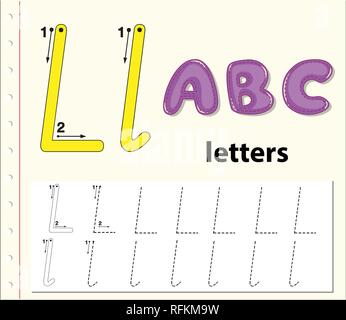 Buchstabe L tracing Alphabet Arbeitsblätter Abbildung Stock Vektor