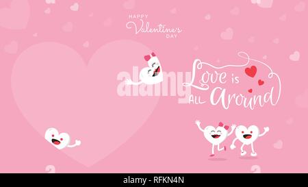 Valentines Tag Hintergrund mit ein paar netten Herzen Zeichentrickfigur mit Kalligraphie Liebe ist überall um uns herum. Vector Illustration. Tapeten, Flyer, Invita Stock Vektor