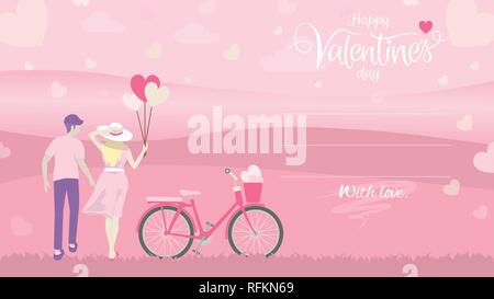 Frau mit Herz Ballons und Fahrrad mit Korb voller Herzen im Querformat mit Handschrift Kalligraphie Text von Happy val suchen Stock Vektor