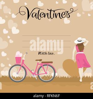 Happy Valentines Tag Grußkarte, liebe Karte Vorlage mit Typografie Text mit schönen Frau und Fahrrad, Vektor, Abbildung Stock Vektor