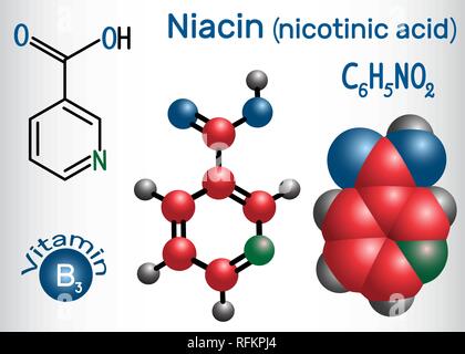 Niacin (Nikotinsäure) Molekül, ist ein Vitamin B3 in der Nahrung gefunden, als Nahrungsergänzungsmittel verwendet werden. Strukturelle chemische Formel und Molekül-Modell. Vektor Stock Vektor