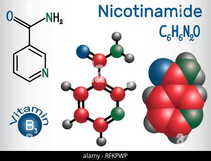 Nicotinamid (NAA) Molekül, ist ein Vitamin B3 in der Nahrung gefunden, verwendet als Nahrungsergänzung. Strukturelle chemische Formel und Molekül-Modell. Vektor illu Stock Vektor