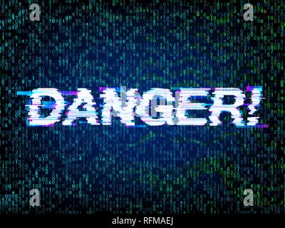 Aufschrift Gefahr in glitch Stil mit Computer code Hintergrund, glitched Aufmerksamkeit. Computer gehackt Symbol, Programmierung, Hacker und Codefehler con Stock Vektor