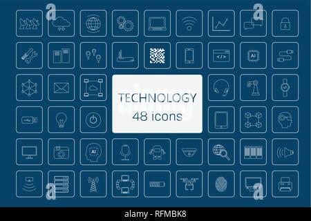 48 technologie Symbole auf dem blauen Hintergrund Vector Illustration Stock Vektor