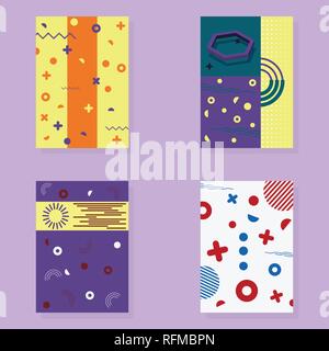 Abstrakte geometrische Muster. Memphis Stil. Retro, hell und bunt. Trendige Farben. Set für Design. Zusammensetzung. Stock Vektor