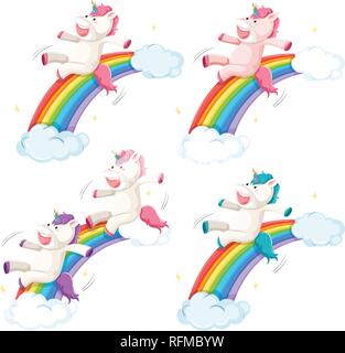 Satz glücklich Einhorn Folie auf rainbow Abbildung Stock Vektor