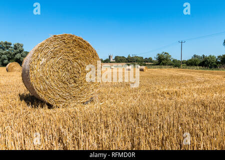 Runde Strohballen auf einem Feld in der Nähe von All Saints Church, Aldwincle, Northamptonshire Stockfoto