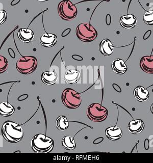 Cherry Collection-Fruit Freude nahtlose Repeat Pattern Abbildung. Hintergrund in Rosa, Grau, Schwarz und Weiß. Moderne Muster Hintergrund. Oberfläche pattern Design, perfekt für Gewebe, Scrapbook, Tapeten. Stock Vektor