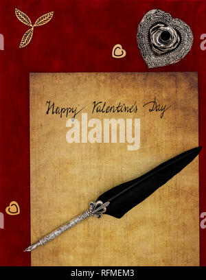 Classic Happy Valentinstag Karte Hand auf vintage Pergament Holzdekorationen silber Lagerträger und stehen auf Burgund velvet fabric Draufsicht geschrieben Stockfoto