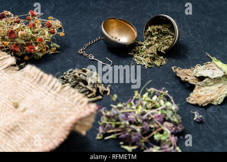 Verschiedene Ding von Tees auf weißem Hintergrund: grüner Tee, roter Tee, Thymian Tee, Zimtstangen, getrocknete Erdbeeren Stockfoto