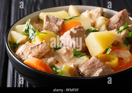 Deutsche Suppe oder Bismarck Pichelsteiner Eintopf mit Gemüse und drei Sorten Fleisch close-up in einer Schüssel auf dem Tisch. Horizontale Stockfoto