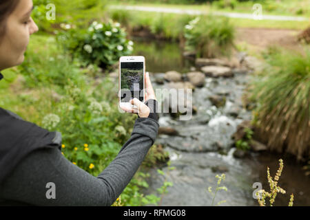 Brest, Frankreich, 28. Mai 2018 Frau, Tourist, der Fotostream mit Smart Phone auf der Natur Stockfoto